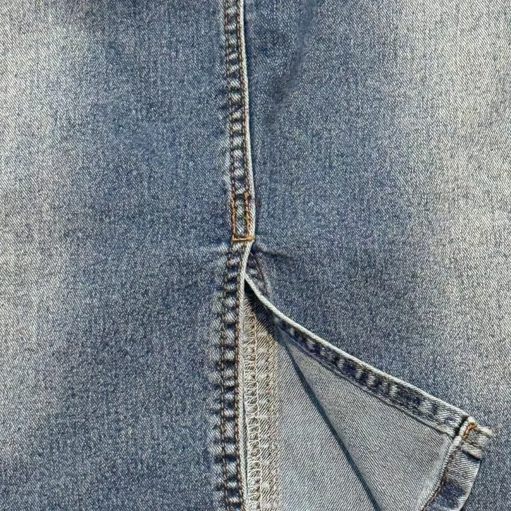 Y2K Denim Midi Skirt Size 7/8 Blue Wash Stretch Jean Skirt Back Slit